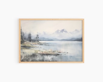 Arte della parete con pittura vintage sul lago, stampa di paesaggi ad acquerello vintage, decorazione della parete della fattoria, stampa d'arte vintage neutra, arte della parete stampabile