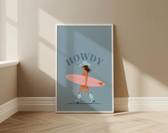 Coastal Cowgirl Wall Art, Western Beach Aesthetic Print, Blue Boho Cowgirl Poster, Surf Cowgirl Coastal Wall Decor, Digital Download, S214