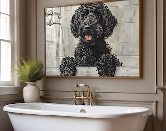 May include: A framed watercolor painting of a black dog in a bathtub. The dog is looking directly at the viewer with its tongue sticking out. The painting is set against a white tiled background.