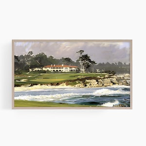 May include: A painting of a large white building with red tile roofs on a cliff overlooking a blue ocean with white waves. The building is surrounded by green trees and grass.