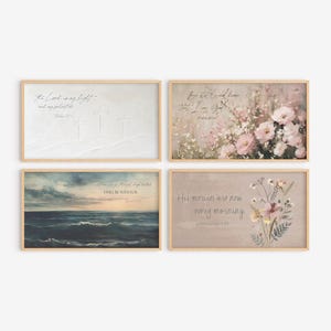 May include: Set of four printable wall art prints with inspirational quotes and floral designs. The prints feature a cross, a sea, flowers, and a quote about new mornings.