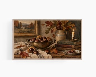 Fall Frame TV Art, Vintage Chestnut Still Life, Cozy Autumn Painting, English Country Cottage Decor, Samsung TV Art T971