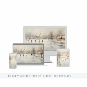 Ice Skating Winter Scene Digital Wall paper, IPhone IPad Laptop Wallpaper Background, Oil Painting Style Downloadable Digital Wallpaper