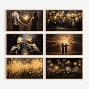 Samsung Frame TV 6 Print New Year&#39;s Eve Gold and Black Art Set| New Year&#39;s Eve Oil Painting Scenes TV Art  |  Frame TV Art Digital Download