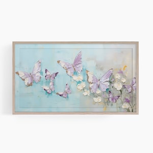 May include: A framed painting of a light blue background with purple butterflies flying around white flowers.