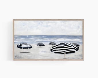 Frame TV Summer Beach Art, Black and White Samsung Frame TV Art Ocean, Coastal Decor Digital Download, Beach Umbrella Tv Art, T918