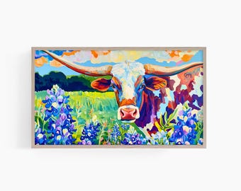 Arte TV Longhorn, Arte TV con cornice Texas Bluebonnets, Arte Texas, Arte TV con cornice Longhorn Bluebonnets, Arte TV con cornice Samsung, Arte TV colorata, T853