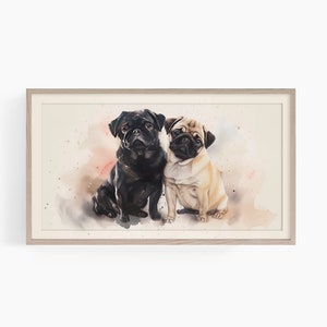 Könnte beinhalten: Ein Aquarellbild von zwei Mops, einer schwarz und einer rehbraun, die nebeneinander sitzen. Die Möpse schauen den Betrachter mit einem süßen Ausdruck an. Der Hintergrund ist ein weicher Aquarell-Wasch in Rosa, Blau und Braun.