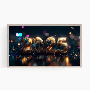Peut inclure: Un 2025 doré en 3D avec une texture scintillante sur un fond bleu foncé avec des lumières scintillantes.