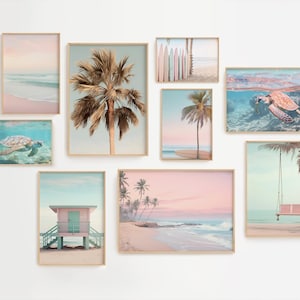 Beach Wall Art Set of 9, Summer Beach Wall Art Bundle, Seascape Printable Wall Art, Coastal Beach Wall Art, Soft Pink Tones Wall Art, S048