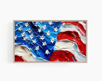 Può includere: Dipinto incorniciato della bandiera americana. L'opera presenta spessi tratti di pennello in rosso, bianco e blu, con una trama visibile. Il campo blu contiene stelle bianche e le strisce rosse e bianche sono ben visibili.