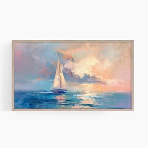 Sailboat Samsung Frame TV Art, Neutral Summer Painting, Pastel Tone Minimalist Seascape, Muted Sailboat Tv Art, Digital Download, T666