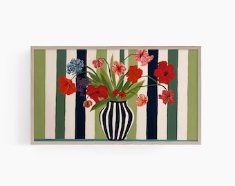 Colorful Flowers on Trendy Vase Striped Wall Frame TV Art Retro Floral Art Botanical TV Art Vase Art Trendy Wall Art, Instant download T929