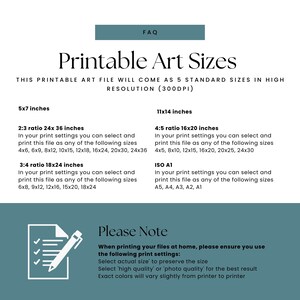 May include: A digital art print size guide with the text "Printable Art Sizes" and size options like 5x7 inches, 11x14 inches, and various ratios. Includes printing instructions and a note about print settings.