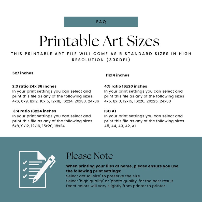 May include: A digital art print size guide with the text "Printable Art Sizes" and size options like 5x7 inches, 11x14 inches, and various ratios. Includes printing instructions and a note about print settings.