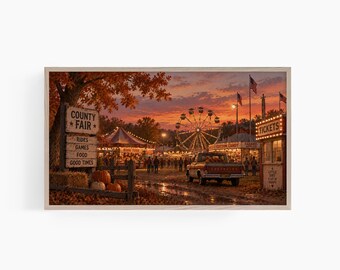 Fall Frame TV Art, Vintage County Fair Painting, Nostalgic Autumn Carnival Art, Americana Fall Samsung Frame TV Art T977