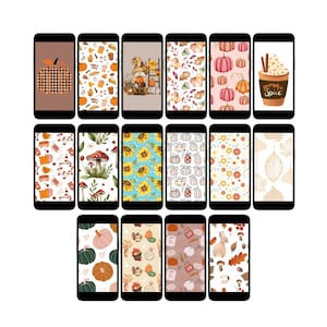 May include: A collection of smartphones displaying various autumn-themed wallpapers. Designs include pumpkins, leaves, mushrooms, sunflowers, and coffee cups. The color palette features warm tones of orange, brown, and cream, evoking a cozy fall aesthetic.
