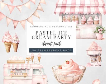 Pastel watercolor ice cream clipart set, cones, sundaes, ice cream truck illustrations, here's the scoop kids party clipart, c018