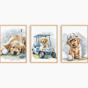 Golden Retriever Golf Puppy Print, Set of 3 Golf Dog Print, Nursery Wall Art, Golden Retriever Golf Nursery, Golden Retriever Print, S203
