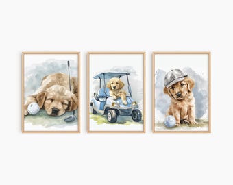 Könnte beinhalten: Set aus drei Aquarellbildern mit einem Golden Retriever-Welpen in verschiedenen Posen. Ein Bild zeigt den Welpen schlafend mit einem Golfball, ein anderes zeigt den Welpen in einem Golfwagen fahrend, und das dritte zeigt den Welpen mit einer Golfmütze und einem Golfball in der Hand.