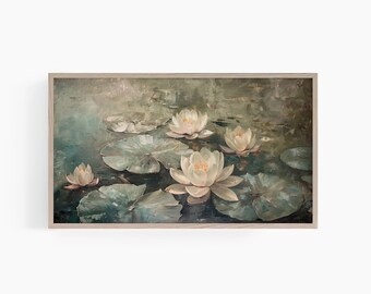 May include: A painting of white water lilies with green leaves in a pond. The water lilies are in bloom and the leaves are floating on the surface of the water. The background is a soft green and blue.