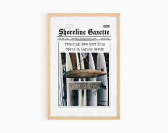 Coastal Print Newspaper Cover Wall Art, Trendy Coastal Art Surf Wall Art, Surfer Magazine Cover Wall Art Printable, S058