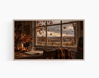 Fall Frame TV Art, Cozy Farmhouse Window Painting, Autumn Countryside Art, English Country Samsung Frame TV Art, Farmhouse Fall Tv Art T976