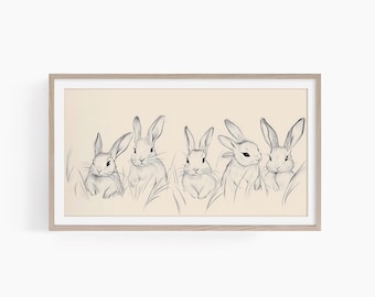 Cornice per schizzo di coniglietto, arte per TV con coniglio astratto, decorazione moderna neutra per Pasqua, salvaschermo per TV di Pasqua, arte per TV con coniglietti carini, T859