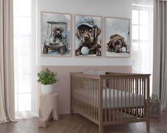 Láminas de golf de cachorro de labrador chocolate, juego de 3 láminas de perro golfista, arte de pared para guardería de golf, perro labrador jugando al golf, lámina de perro labrador jugando al golf, S207