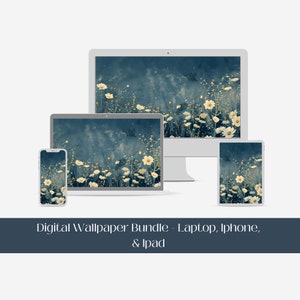 Sfondo digitale acquerello con fiori di campo primaverili, sfondo per laptop iPhone e iPad, sfondo digitale floreale giallo blu scuro