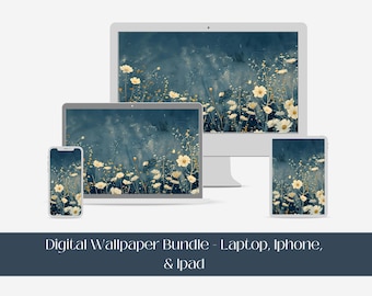 Spring Wildflowers Watercolor Digital Wallpaper, IPhone IPad Laptop Wallpaper Background, Yellow Floral Navy Background Digital Wallpaper