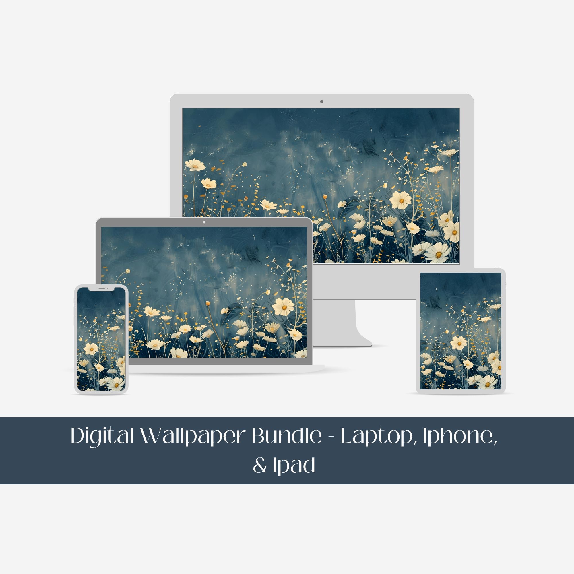 Frühlings-Wildblumen-Aquarell digitale Tapete, IPhone IPad Laptop-Tapete Hintergrund, gelbes Blumenmarine-Hintergrund-Digital-Tapete