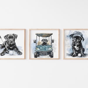 ゴルフ保育園プリント、子犬ゴルフウォールアート、水彩画ゴルフ保育園装飾、かわいい犬好きの保育園ウォールアート、ゴルフ好きのベビーシャワーギフト、S087