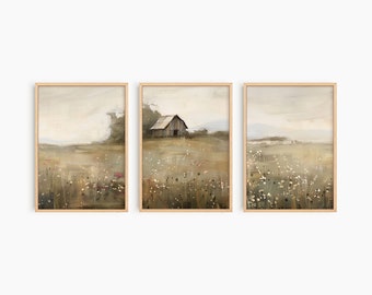 Stampa di paesaggi ad acquerello Set di 3, Arte da parete paesaggio vintage, Stampe d'arte di campi di campagna, Arte da parete di campi di fiori selvatici, Fattoria stampabile