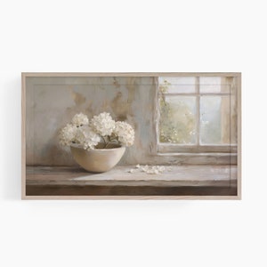 Frame TV Art White Hydrangeas Still Life, Spring Samsung Frame TV Art Rustic Farmhouse, Neutral Floral TV Artwork Cottage Decor, Samsung Art
