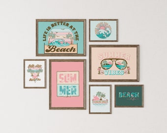 Beach Wall Art Set of 7, Summer Beach Wall Art Bundle, Seascape Printable Wall Art, Coastal Beach Wall Art, Girls Room Summer Art,  S076