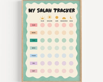 May include: A colorful printable chart with the title "My Salah Tracker" and a grid of circles for tracking daily prayers. The chart includes the names of the five daily prayers: Fajr, Dhuhr, Asr, Maghrib, and Isha. The days of the week are listed on the left side of the chart: Sun, Mon, Tue, Wed, Thur, Fri, Sat.
