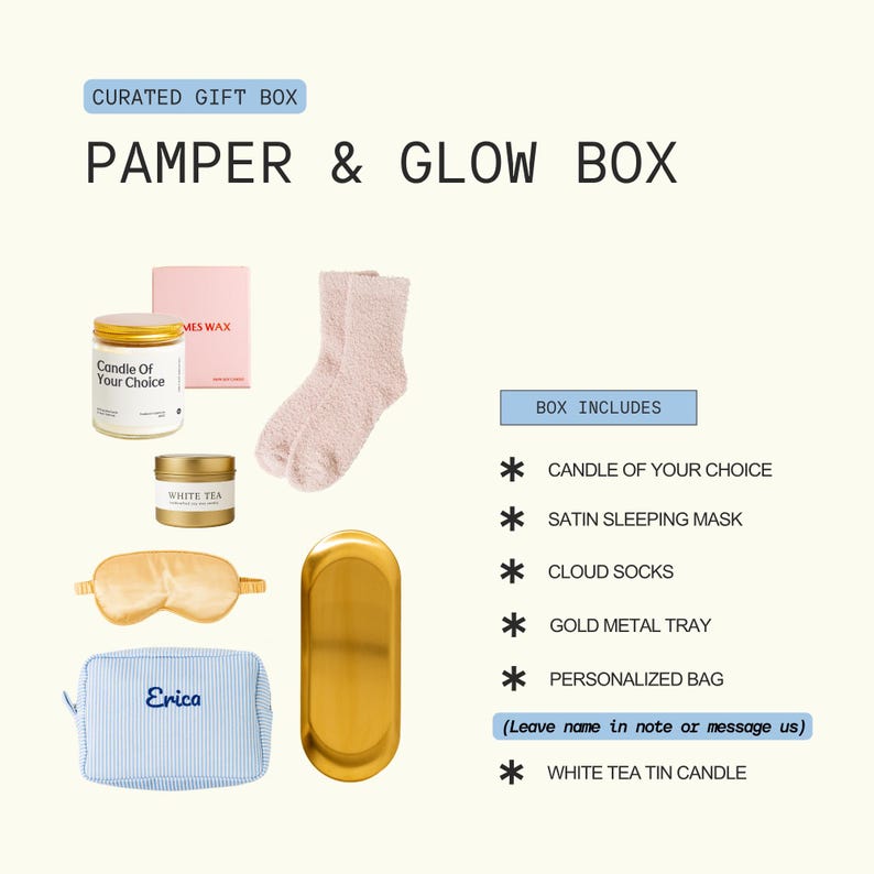 The image is a curated gift box containing various items such as a candle, a pair of socks, a pair of eye sleepers, a gold metal tray, a personalized bag, and a white tea tin candle.