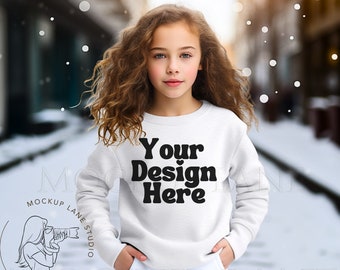 Gildan 18000B Mockup, 18000B Mockup Winter, White Sweatshirt Mockup, Sweatshirt Mockup, Girl Sweatshirt White Mockup, Youth Model Mockup