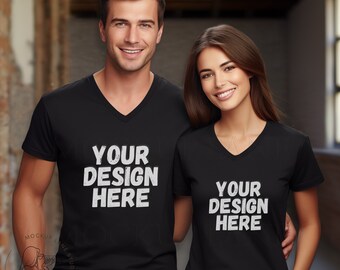 Bella and Canvas 3005 Black V-Neck Mockup, Bella+Canvas Couples Mockups, BC 3005 Black, Bella Canvas Vneck Mockup, Black V-neck Mockup Image