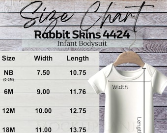 Infant Onesie Size Chart, Rabbit Skins 4424 Size Chart,  RS 4424 Sizing Chart, Hanging Bodysuit Mockup, JPEG Size Chart Rabbit Skins 4424