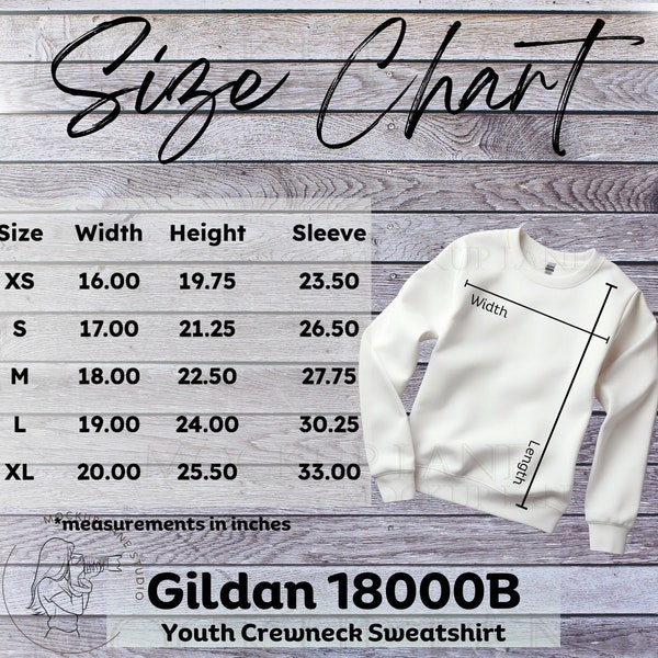 Gildan 18000B Size Chart Mockup, Gildan Youth Sweatshirt Size Guide, Gildan Youth Sizing Chart, G18000B Size Guide, Kids Sweat Shirt Sizes