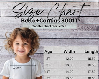 Bella and Canvas 3001T Size Chart Mockup, Bella+Canvas Toddler Size Guide, 3001T Size Guide, Unisex Kids T-shirt Size Chart, Bulk Size Chart