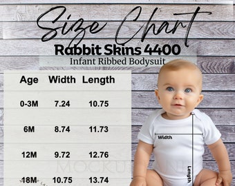 Rabbit Skins 4400 Tabla de tallas, Tabla de tallas Onesie, Tabla de tallas para bebés RS 4400, Tabla de tallas para bebés, Maqueta de modelo de bebé, JPEG, Tabla de tallas RS4400