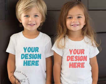 Bella Canvas 3001T Sibling Mockup, White T-Shirt Toddler Mock up, Mother's Day Shirt Mockup, Unisex Boy Girl White T-shirt Canva Editable