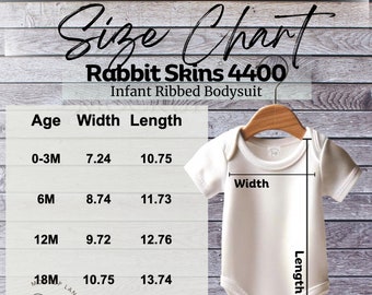 Tabla de tallas de Rabbit Skins 4400, tabla de tallas de mono infantil, tabla de tallas RS 4400, maqueta de body colgante, tabla de tallas planas Rabbit Skins 4400