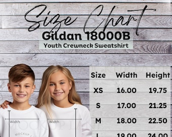 Gildan 18000B Size Chart Mockup, Gildan Youth Sweatshirt Size Guide, Gildan Youth Sizing Chart, G18000B Size Guide, Model Size Charts