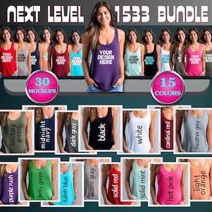 Puede incluir: Una maqueta de 30 camisetas de tirantes en 15 colores diferentes. El texto "Next Level 1533 Bundle" está en la parte superior de la imagen. El texto "30 Mockups" está en un círculo rosa en la parte inferior izquierda de la imagen. El texto "15 Colors" está en un círculo rosa en la parte inferior derecha de la imagen.
