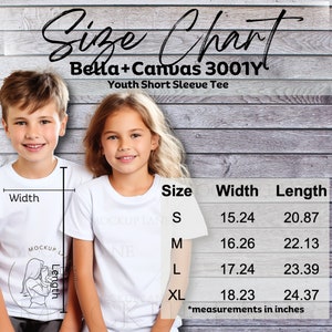 Bella Canvas 3001Y Größentabelle Mockup, T-Shirt Jugend Größentabelle, BC3001Y Größentabelle, Jugend Unisex Größentabelle Bella + Canvas, Model Charts