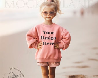 Kids Gildan 18000 Light Pink Mockup, 18000B Pink Mockup, Pink Sweat Shirt Mockup, Kids Beach Mockup, Youth Sweatshirt Pink Mockup